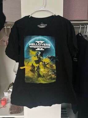 Hot Topic HellDivers Graphic Black T-Shirt with Blue and Yellow Print